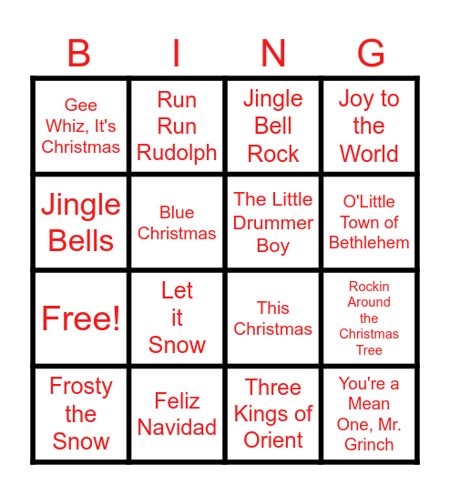 Christmas Name That Tune Bingo Card