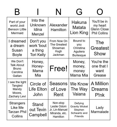 Sing Along Musical Mix Bingo Card