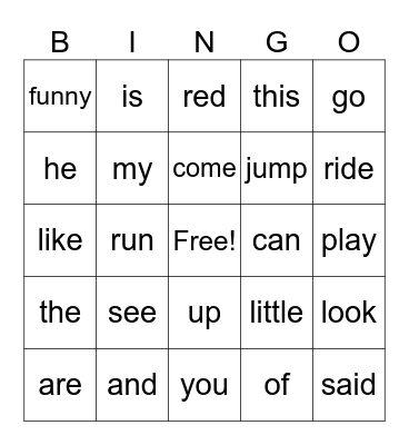 sight words PP1 Bingo Card