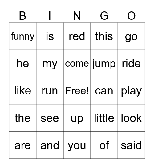 sight words PP1 Bingo Card