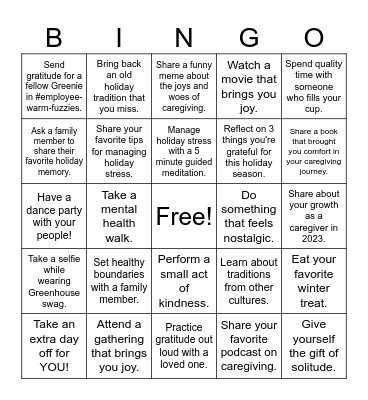 Caregiver Bingo Card
