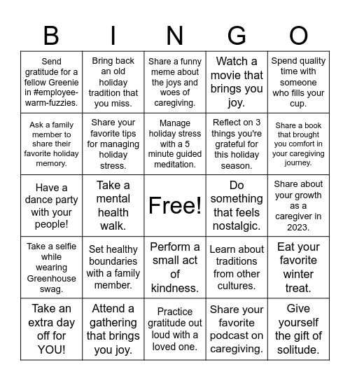 Caregiver Bingo Card