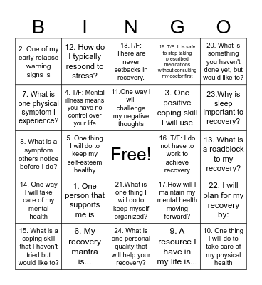 Recovery BINGO Card