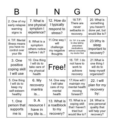 Recovery BINGO Card