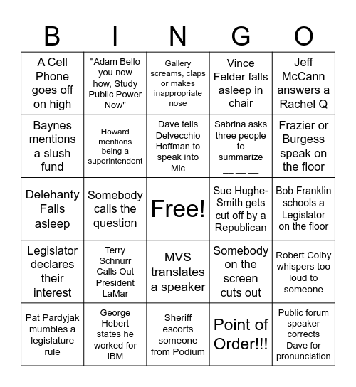 Legislature BINGO Card