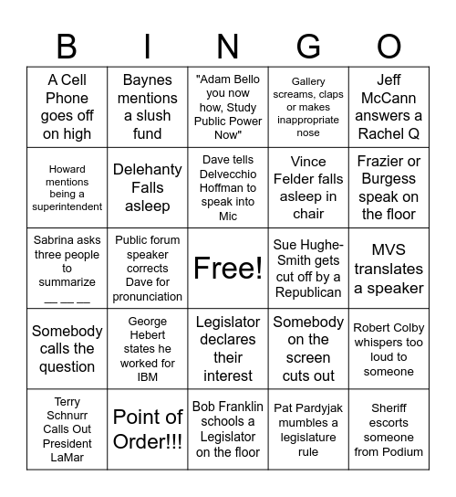 Legislature BINGO Card