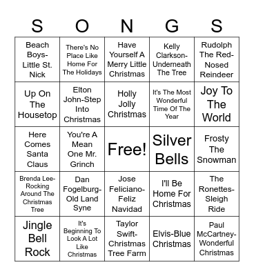 Christmas Songs Bingo Card