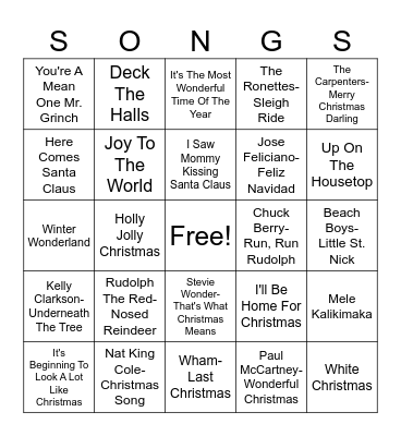 Christmas Songs Bingo Card
