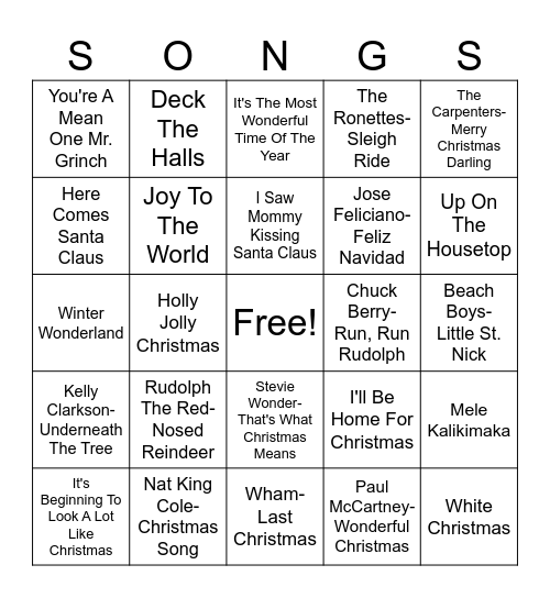 Christmas Songs Bingo Card