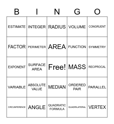 Math Vocab Bingo Card