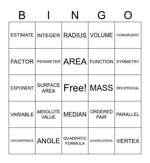 Math Vocab Bingo Card