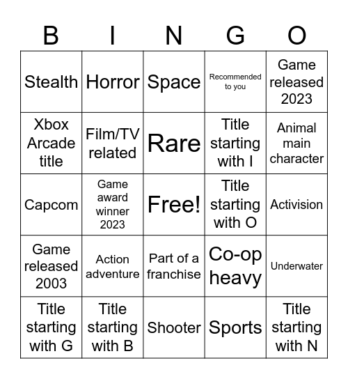 Xbox completion challenge bingo Card