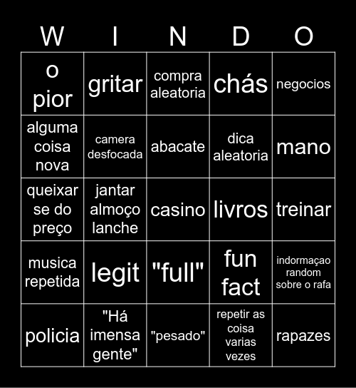 Windoh bingoh Bingo Card