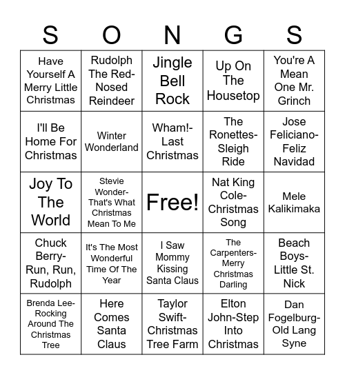 Christmas Songs Bingo Card