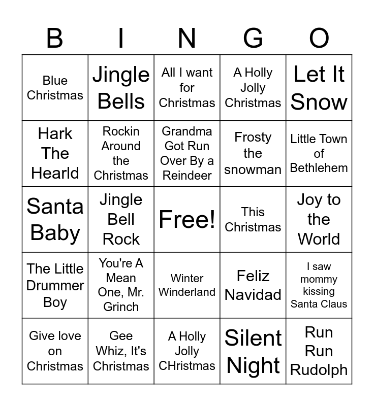 Holiday Carol Bingo Card Holiday Carol Bingo Card
