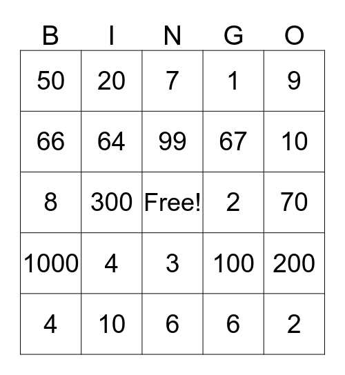 Hebrew Numbers Bingo Card