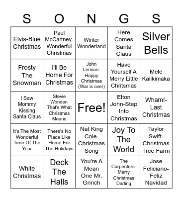 Christmas Songs Bingo Card