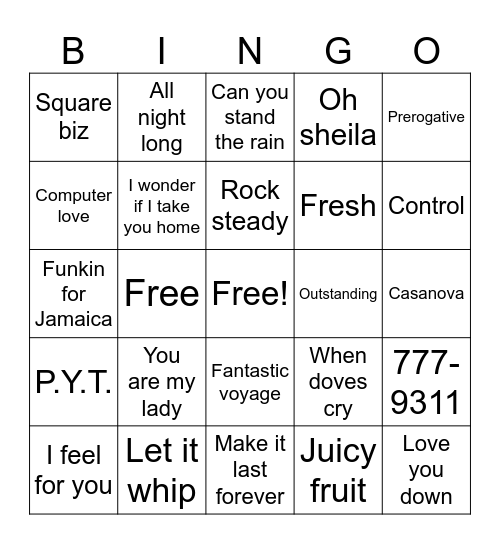 80s R&B Bingo Card