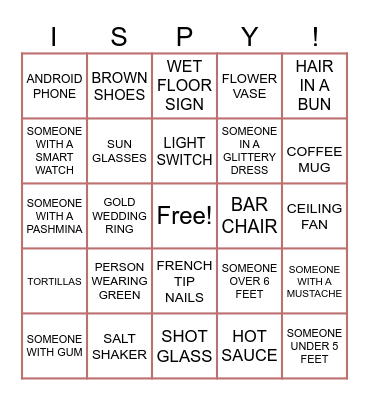 I SPY Bingo Card