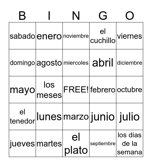 Los Meses y Los Dias de la Semana Bingo Card