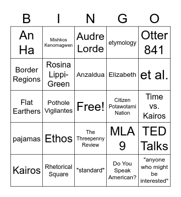 English 100 Bingo! Bingo Card