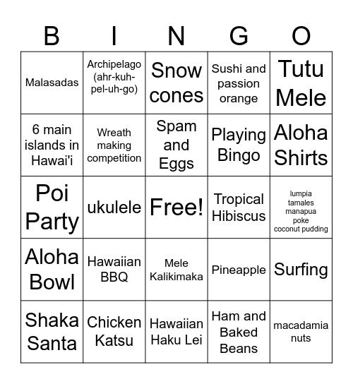 Christmas in Hawai'i Bingo Card