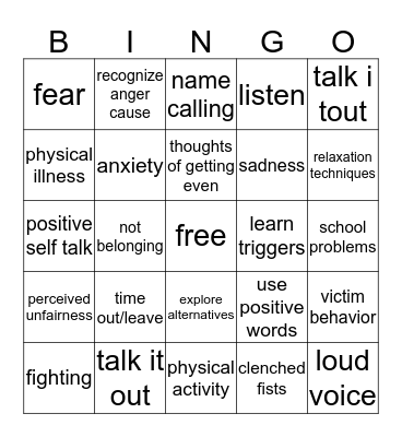 Anger management Bingo Card