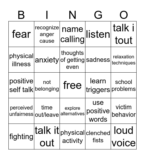 Anger management Bingo Card