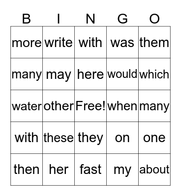 Friday Sight Words Bingo Card