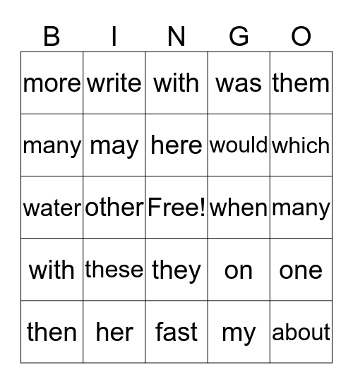 Friday Sight Words Bingo Card
