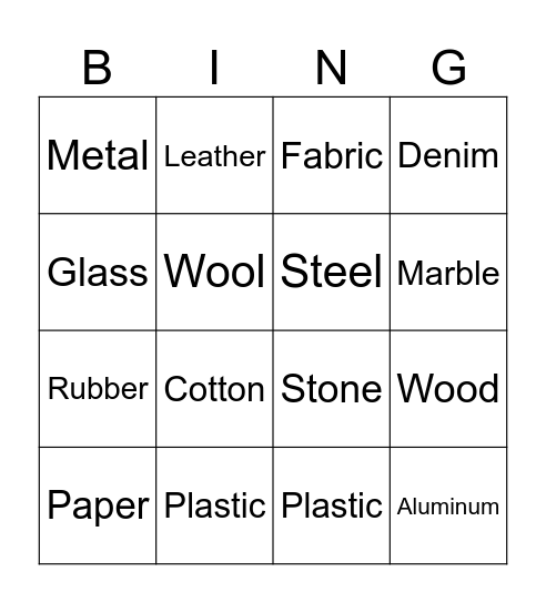 Materials Bingo Card