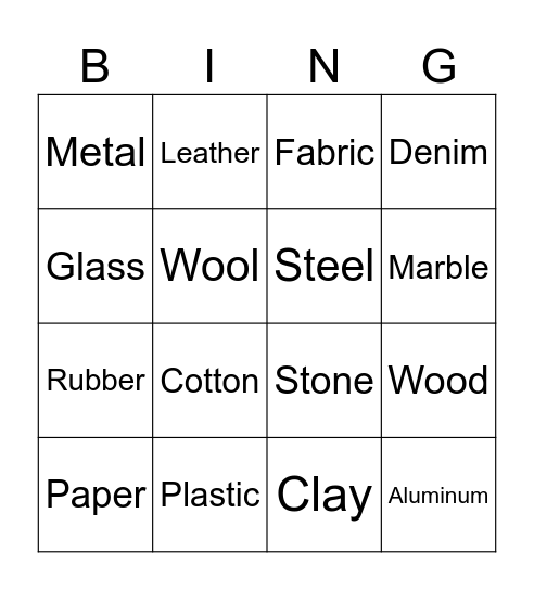 Materials Bingo Card
