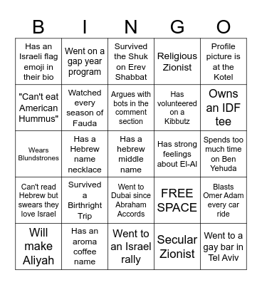Zionist Human Bingo - Find Someone for Each Bingo Card