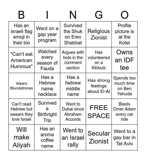 Zionist Human Bingo - Find Someone for Each Bingo Card