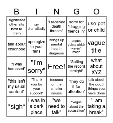 Apology Bingo Card
