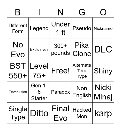Wonder Trade Bingo Card