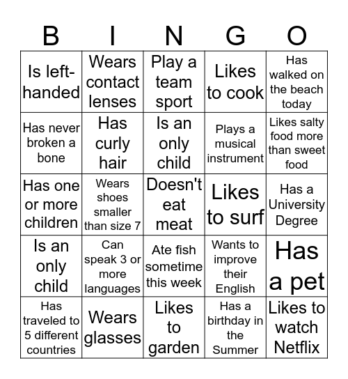 Get to Know You!   Find someone who... Bingo Card
