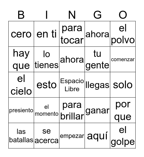 Waka Waka- Shakira Bingo Card