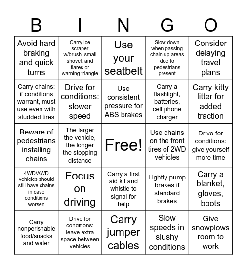 Winter Driving Safety Tips Bingo Card