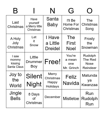 Holiday Song Bingo Card