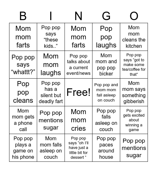 Mom mom and pop pop Bingo Card