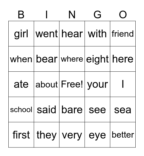 Snap Word Bingo Card