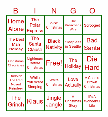 Holiday Movie Bingo Card