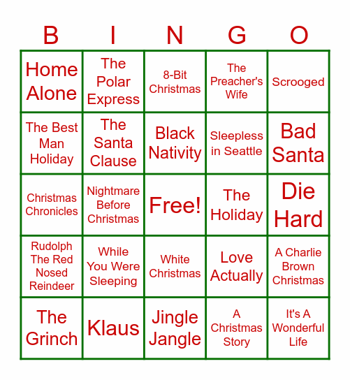 Holiday Movie Bingo Card