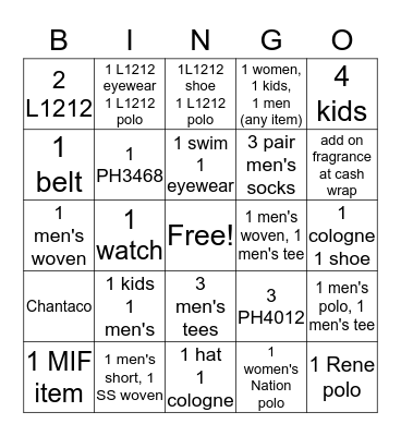 Lacoste Bingo Card