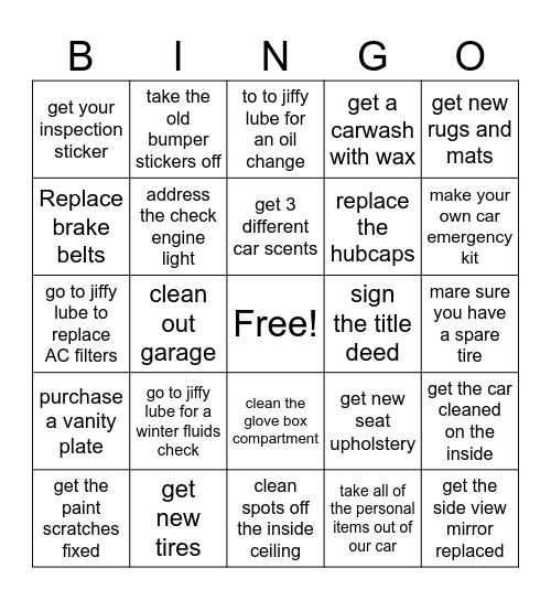 car bingo Card