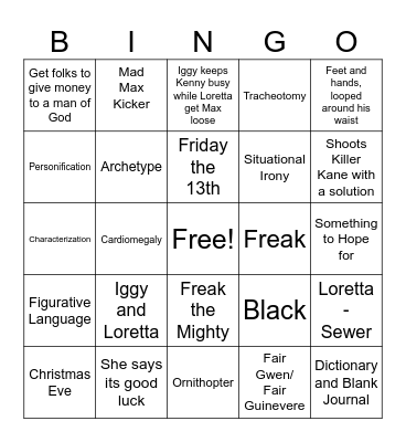 Freak the Mighty Bingo Card