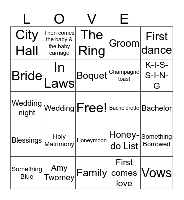 Amy's Bridal Bingo Card