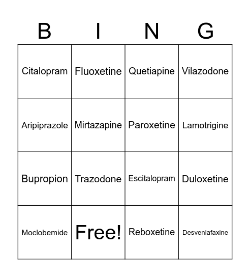 Antidepressant Bingo Card