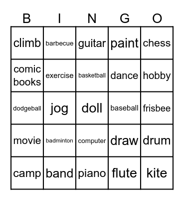 Sports, Interests, and Hobbies Bingo Card